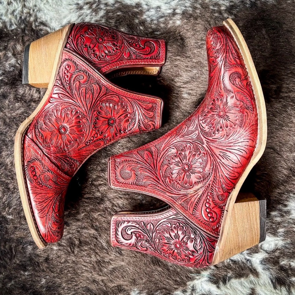 Myra Bag Red Tooled Leather Western Ankle Boots